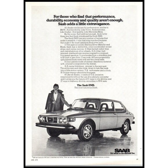 1975 Saab EMS 2 Door Coupe Vintage Print Ad Suit Overcoat Mustache Wall Art - Picture 1 of 1